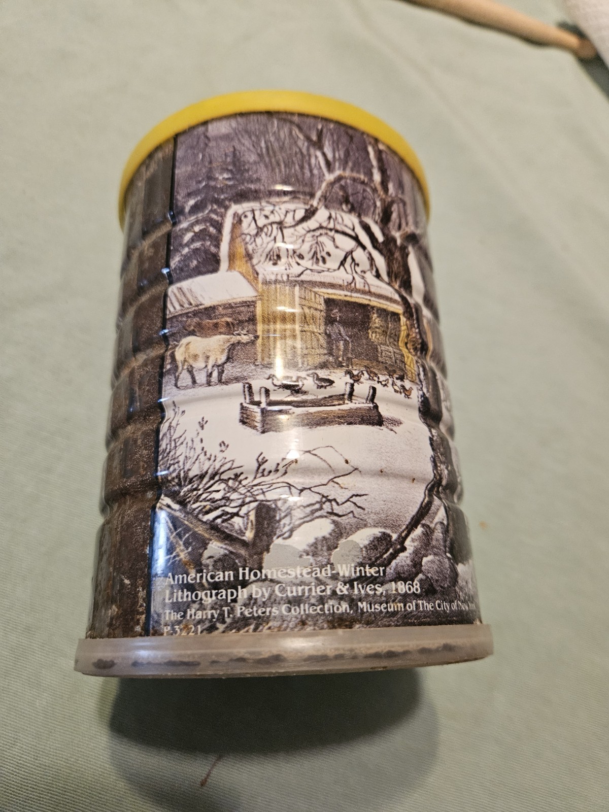 Vtg Currier & Ives Coffee Can American Homestead Winter Canister Vinyl Lid 18082