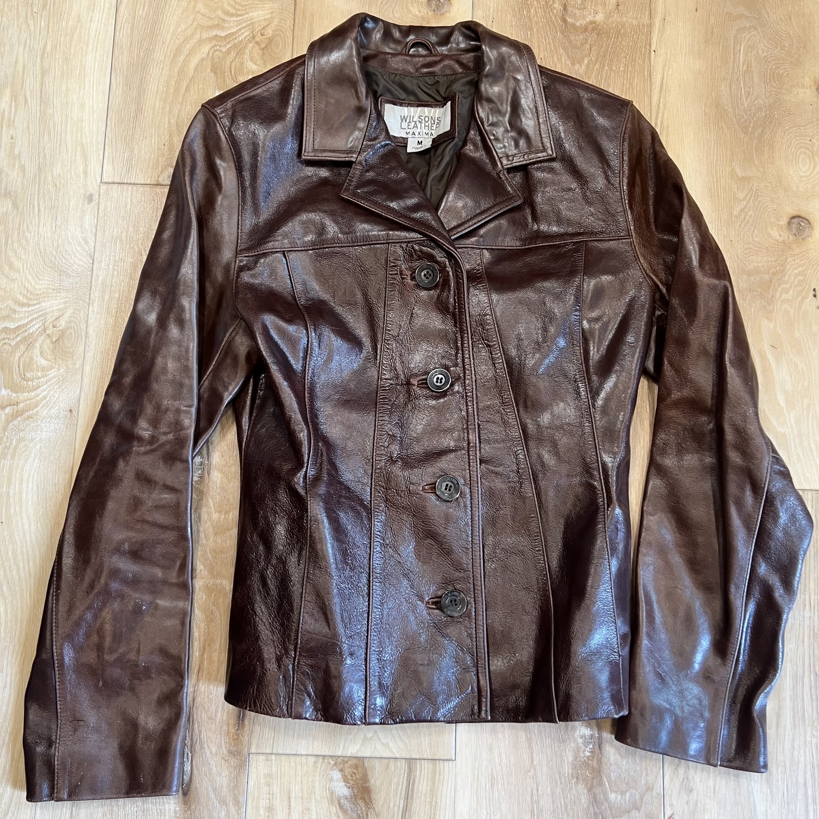 Wilsons Leather Maxima Jacket Womens Medium Brown Leather Button Front Lined