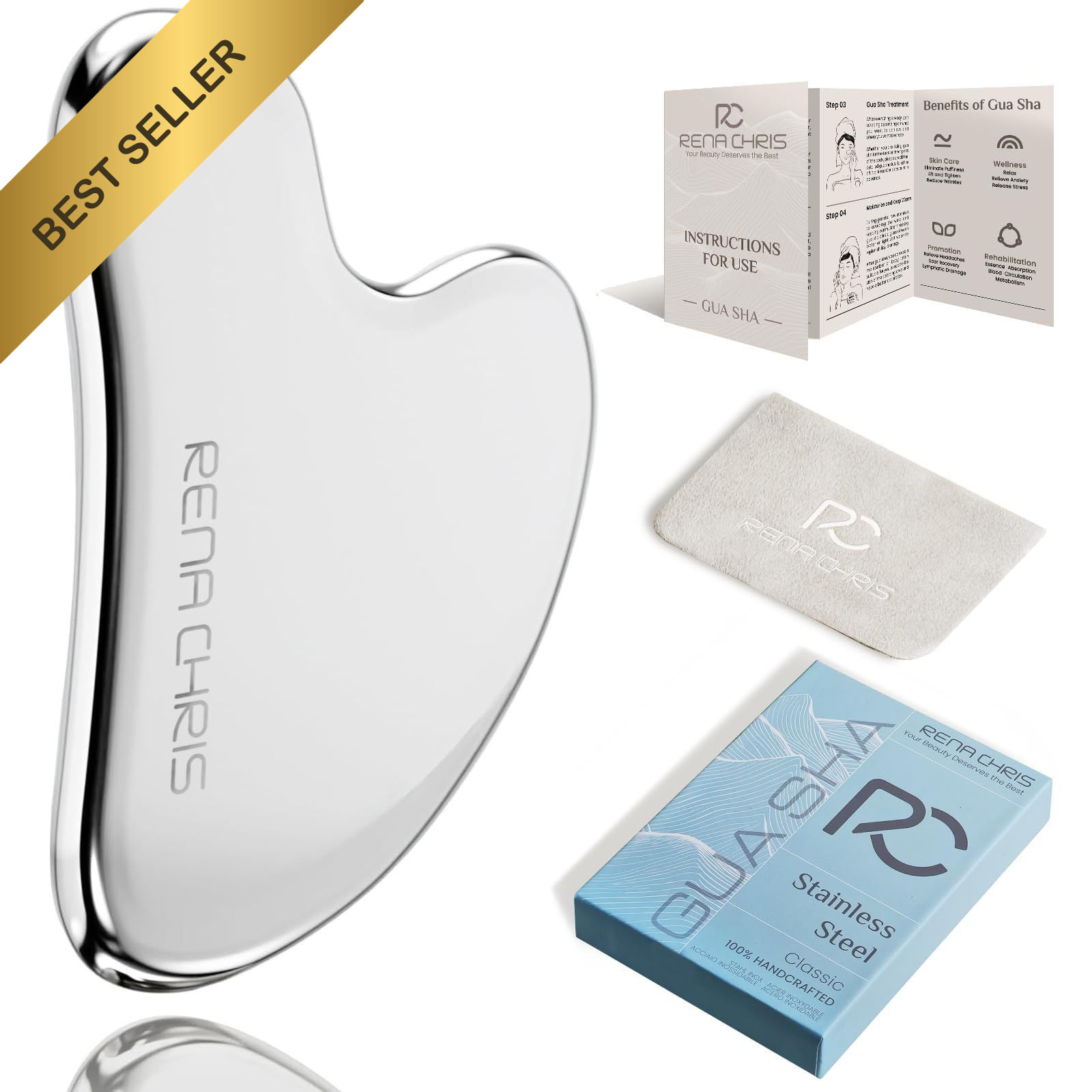 Rena Chris Stainless Steel Gua Sha Tool Silver Jawline Sculpting Face Massager Rena Chris Stainless Steel Gua Sha Tool Silver Jawline Sculpting Face Massager