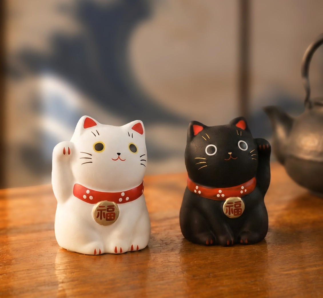 Japanese Lucky Cat Black & White Set Feng Shui Maneki Neko Figurine Yakushigama