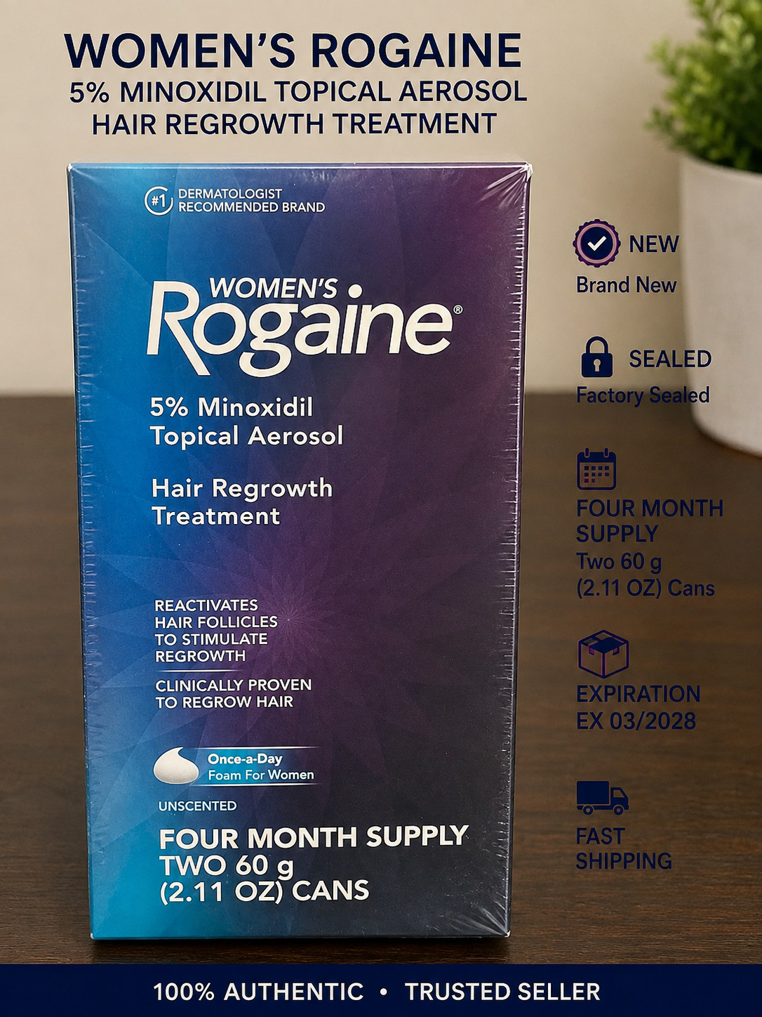 Women\'s Rogaine 5% Minoxidil Foam Hair Regrowth 4 Month Supply 2 Cans NEW 3/2028