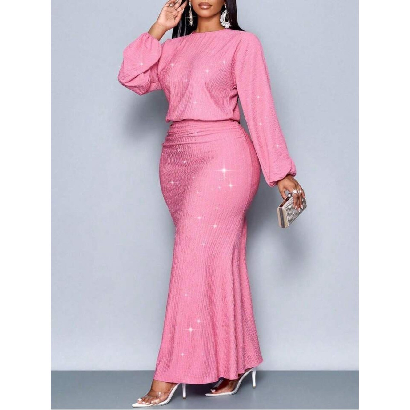 (A10) NWOT Shein Pink Silver Sparkle Maxi Dress Plus 1XL (US 14) Long Sleeve