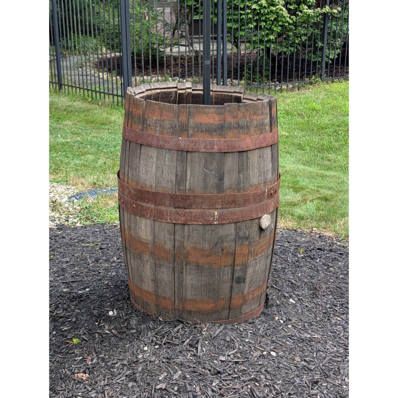 Used White Oak Whiskey Barrel 30 Gal Rustic Planter Garden Decor Iron Hoops