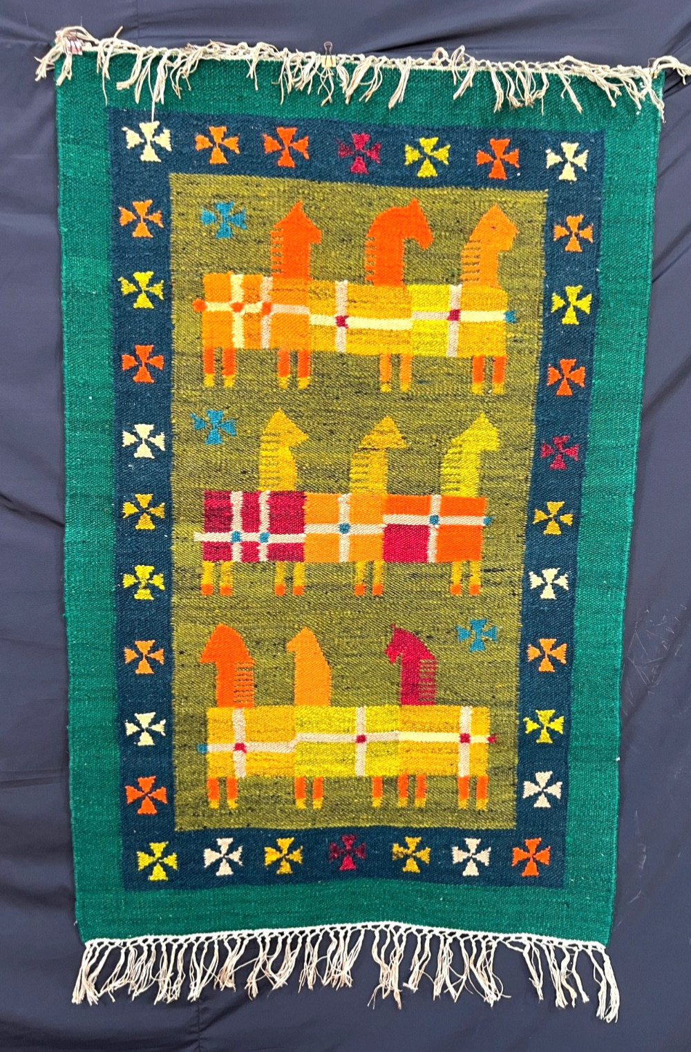 Vintage Polish Folk Art Kilim Rug Handwoven Wool Horse Tapestry Cepelia Style