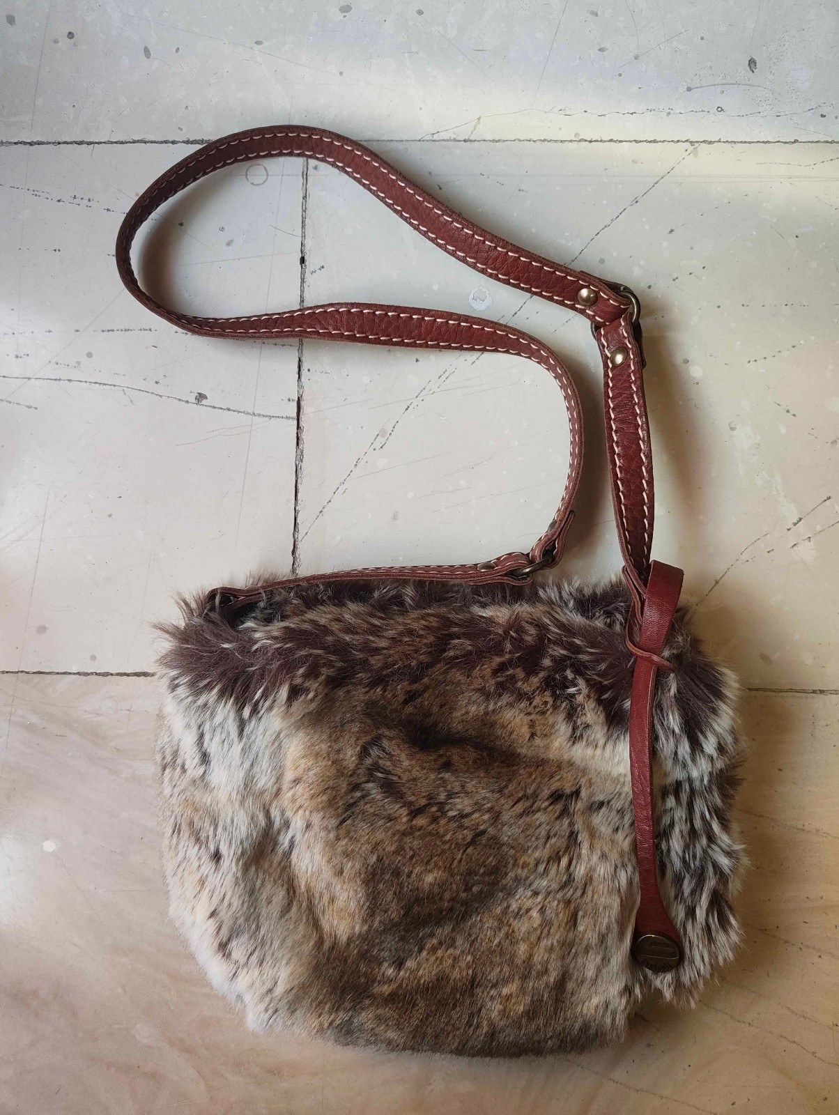 Vintage BONFANTI Italy Brown Faux Fur Crossbody Shoulder Bag Leather Trim Boho
