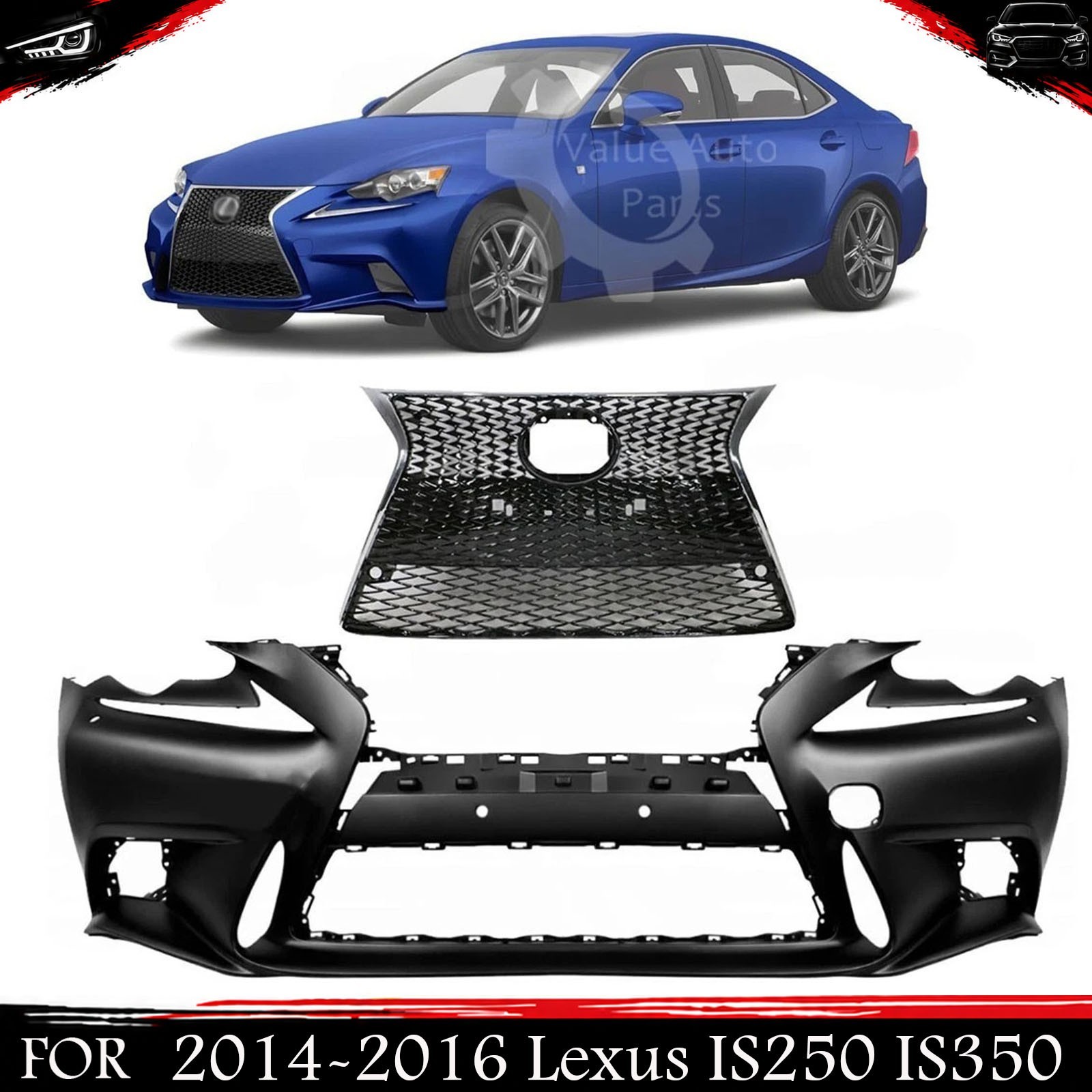 Front Bumper Cover Plastic & Grille Assembly Kit For 2014-2016 Lexus IS250 IS350
