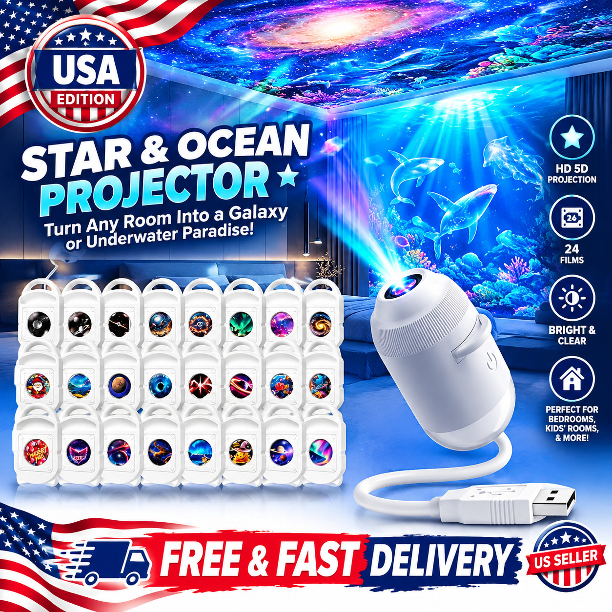2027 HD 5D Holographic Star & Ocean Projector for Bedroom Ceiling, 24 Films