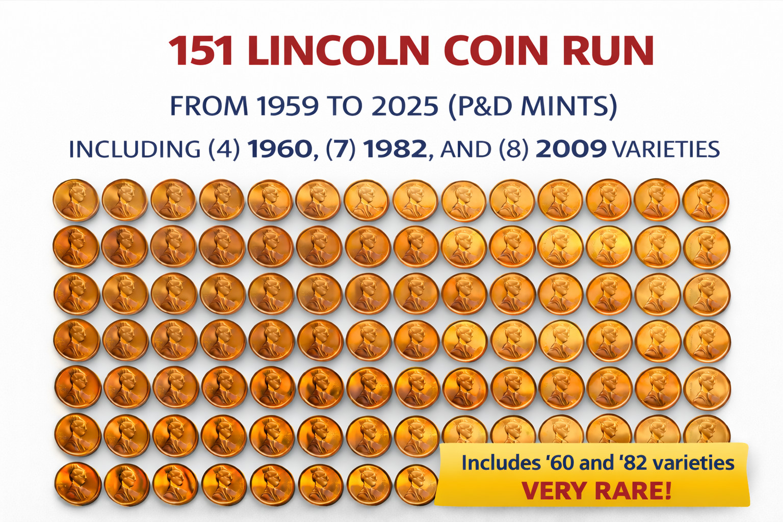 1959-2025 (P&D) 151 coins Lincoln cents BU + (7) 1982 and (4) 1960 varieties 1959-2025 (P&D) 151 coins Lincoln cents BU + (7) 1982 and (4) 1960 varieties