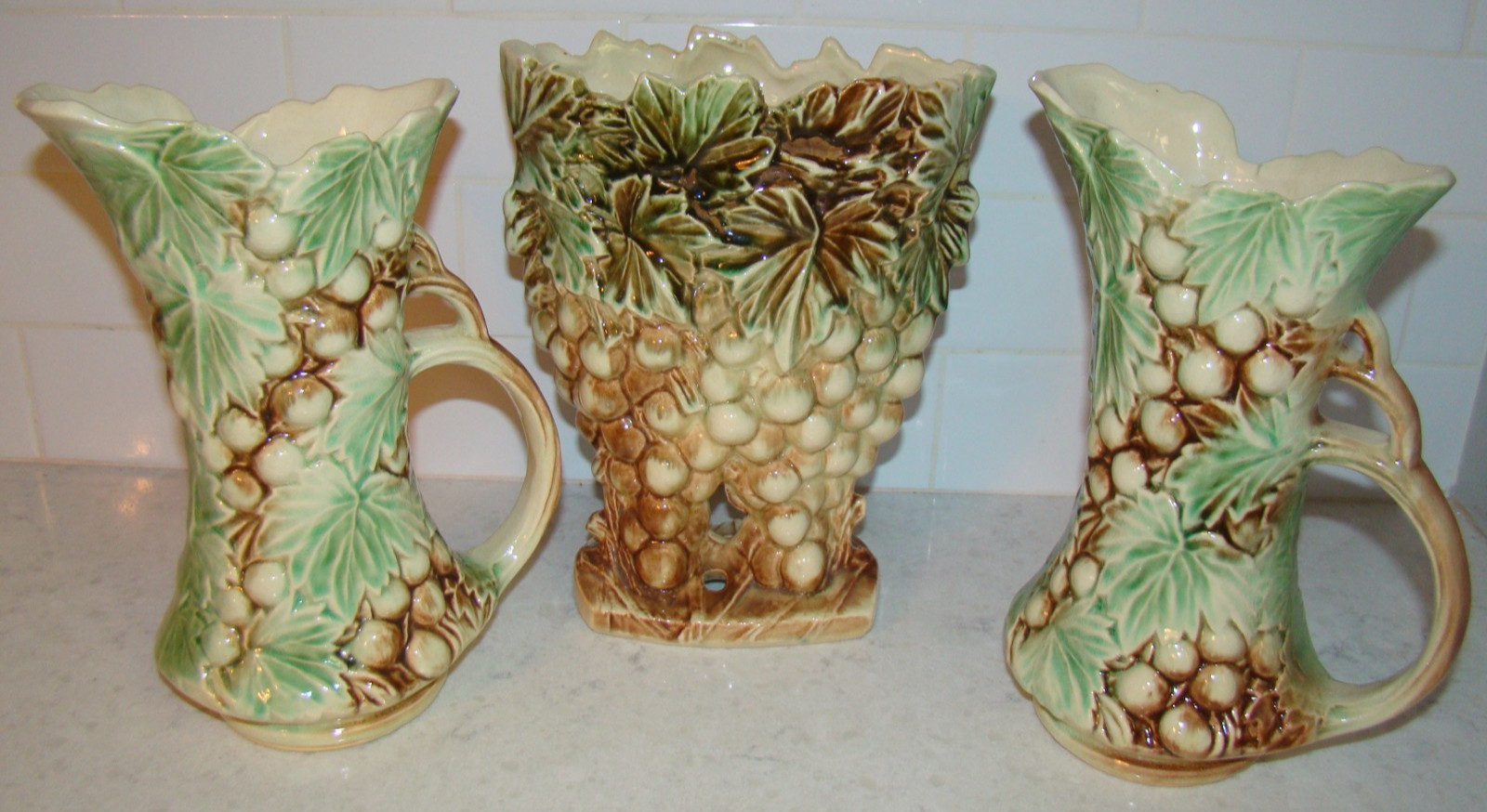 Lot 3 Vintage McCoy Pottery Grapes & Leaves 9” Pitchers Ewers w Handles Vase Lot 3 Vintage McCoy Pottery Grapes & Leaves 9” Pitchers Ewers w Handles Vase