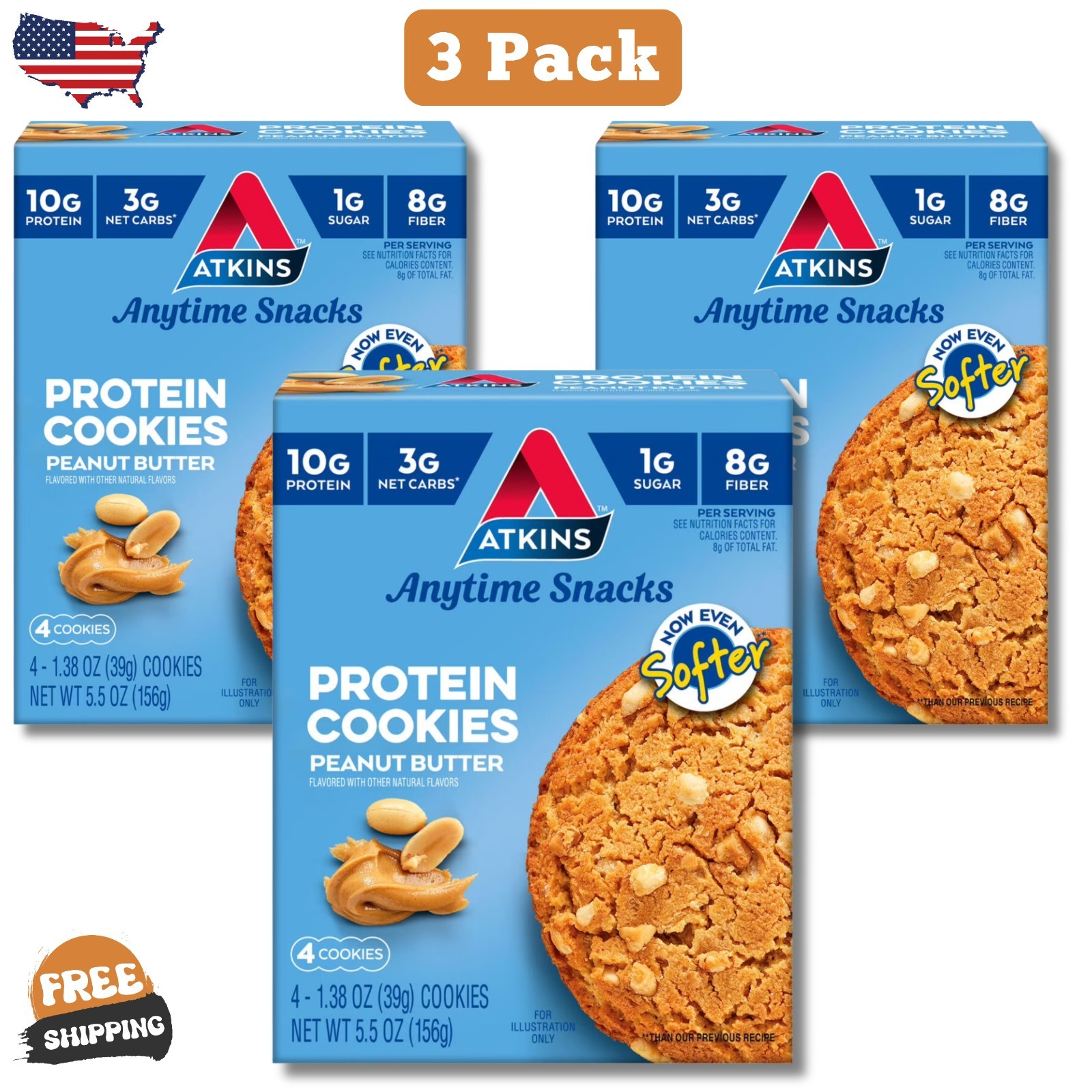 Atkins Soft and Chewy Peanut Butter High Protein Cookie, Keto Friendly - 3 Pack