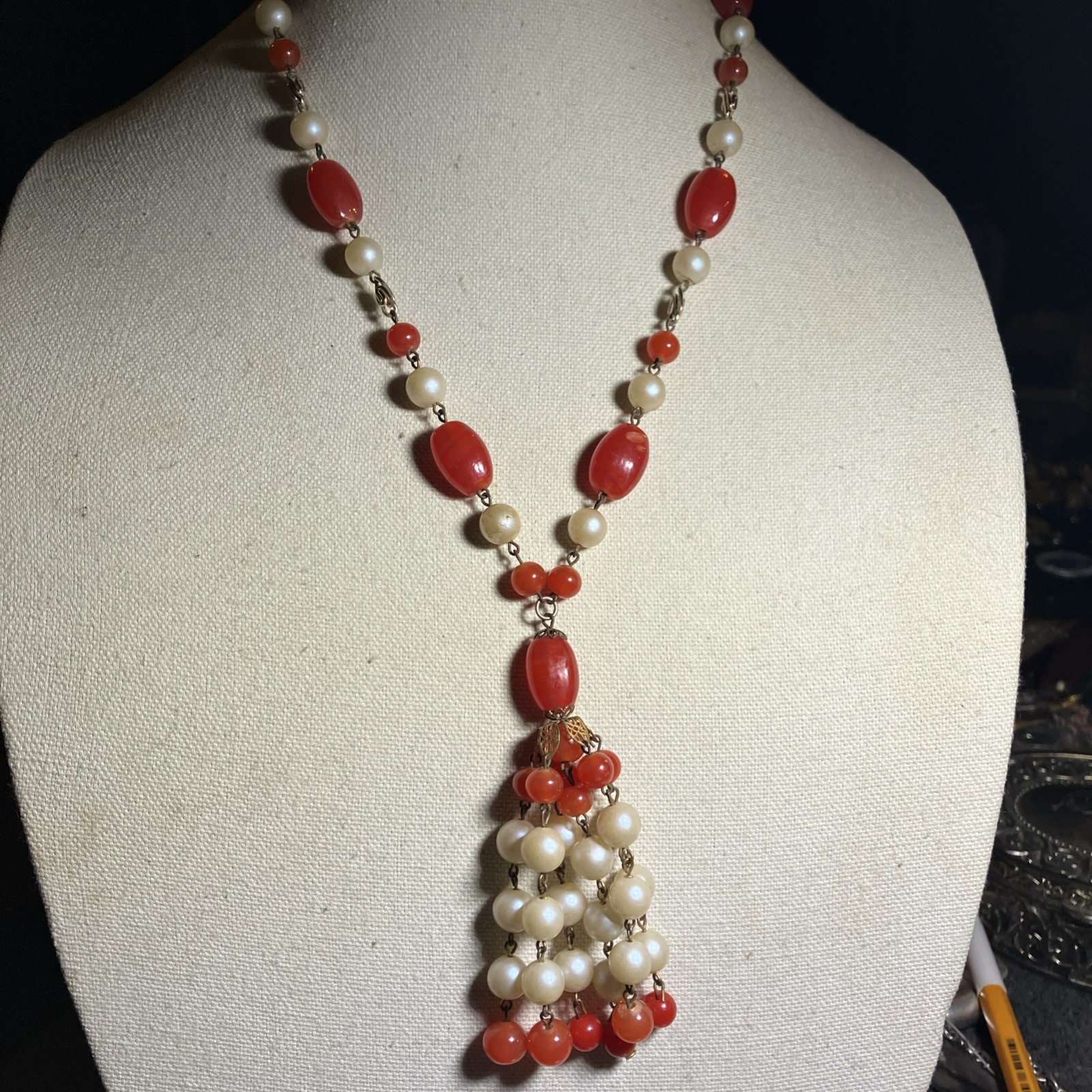 Vtg Czech Art Deco Neiger Style Candy Red & Pearl Ornate Gryphon Necklace Vtg Czech Art Deco Neiger Style Candy Red & Pearl Ornate Gryphon Necklace