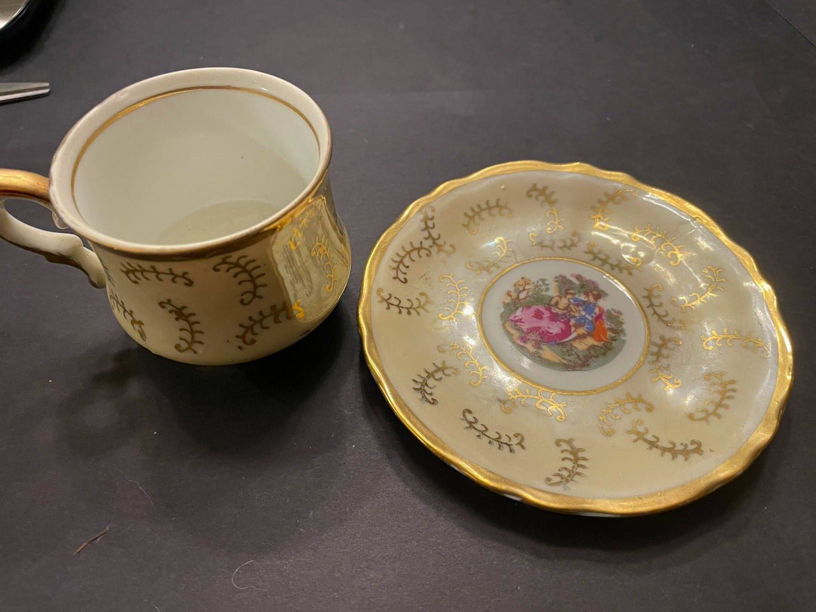 Vintage Royal Crown Japan Lusterware Teacup Saucer Fragonard Courting Couple Vintage Royal Crown Japan Lusterware Teacup Saucer Fragonard Courting Couple