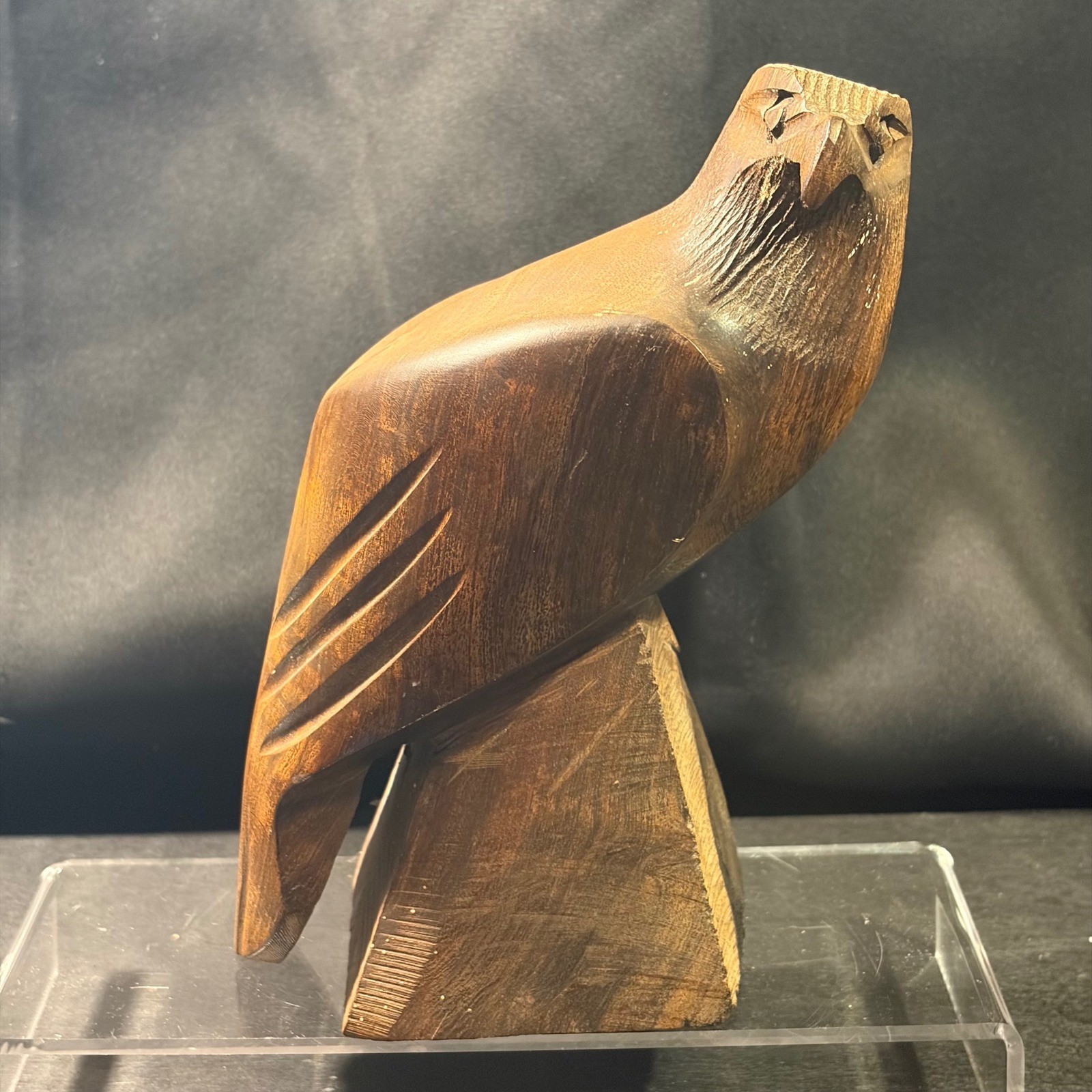 Vintage Hand Carved Wood Eagle Figurine Rustic Folk Art Bird Sculpture Brown