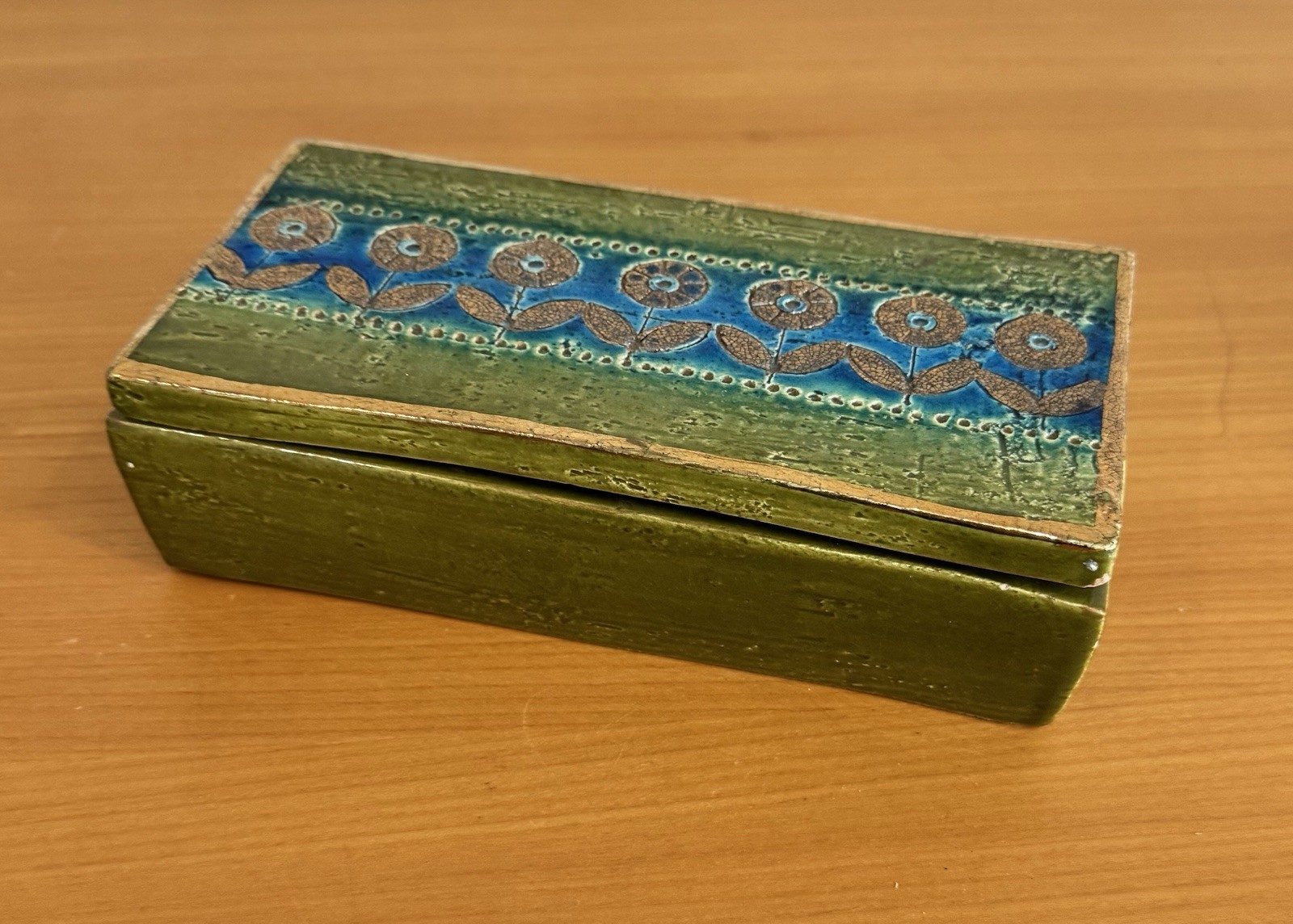 Vintage Bitossi Italy Covered Box 64/10B Green Blue Gold Floral Cigarette MCM