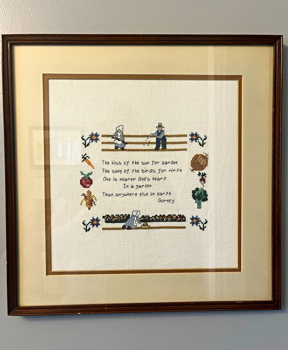 Vintage Handmade Gardening Needlepoint – Cottagecore / Grannycore Wall Art