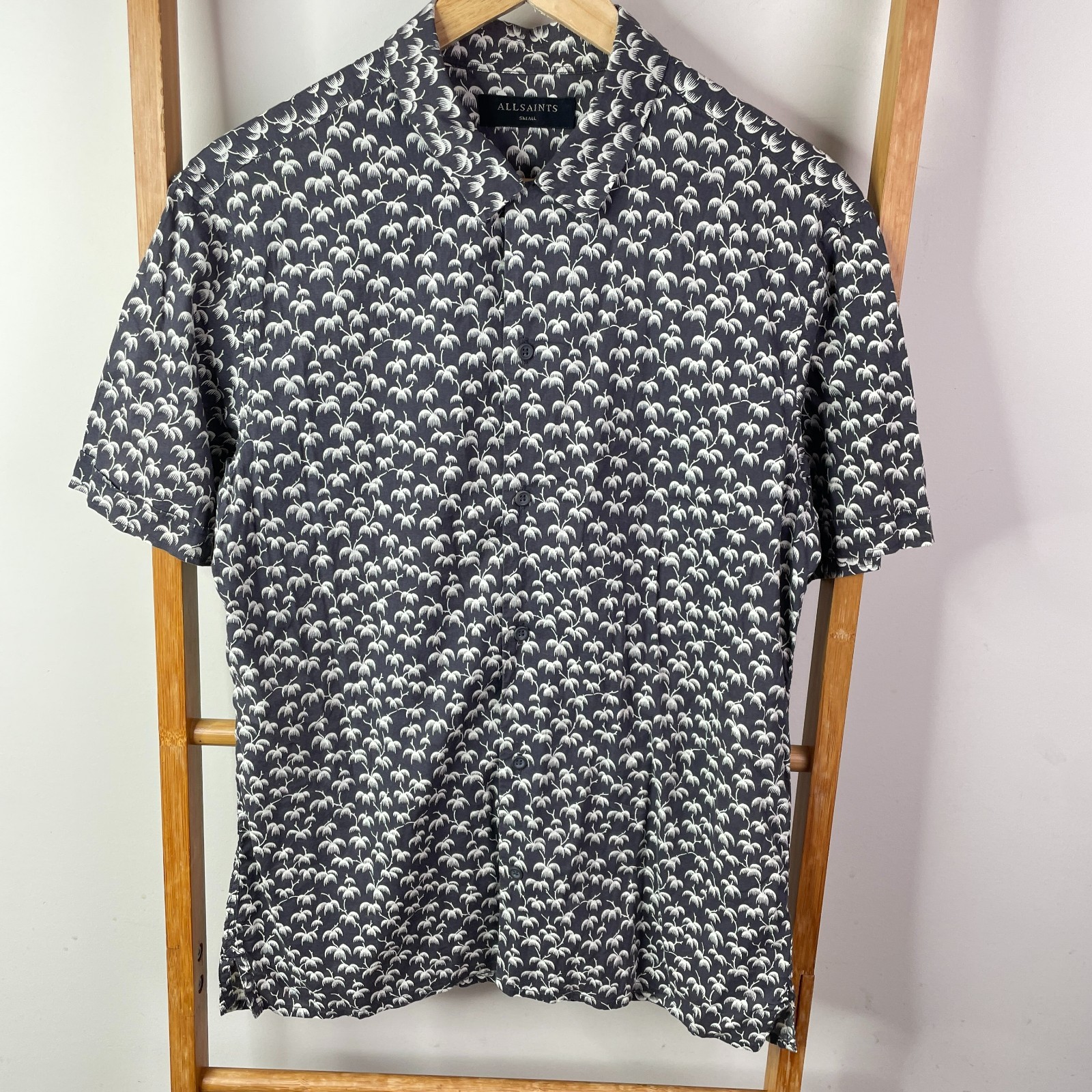 AllSaints Button Up Shirt Mens Small Black Palm Print Salix Short Sleeve Casual
