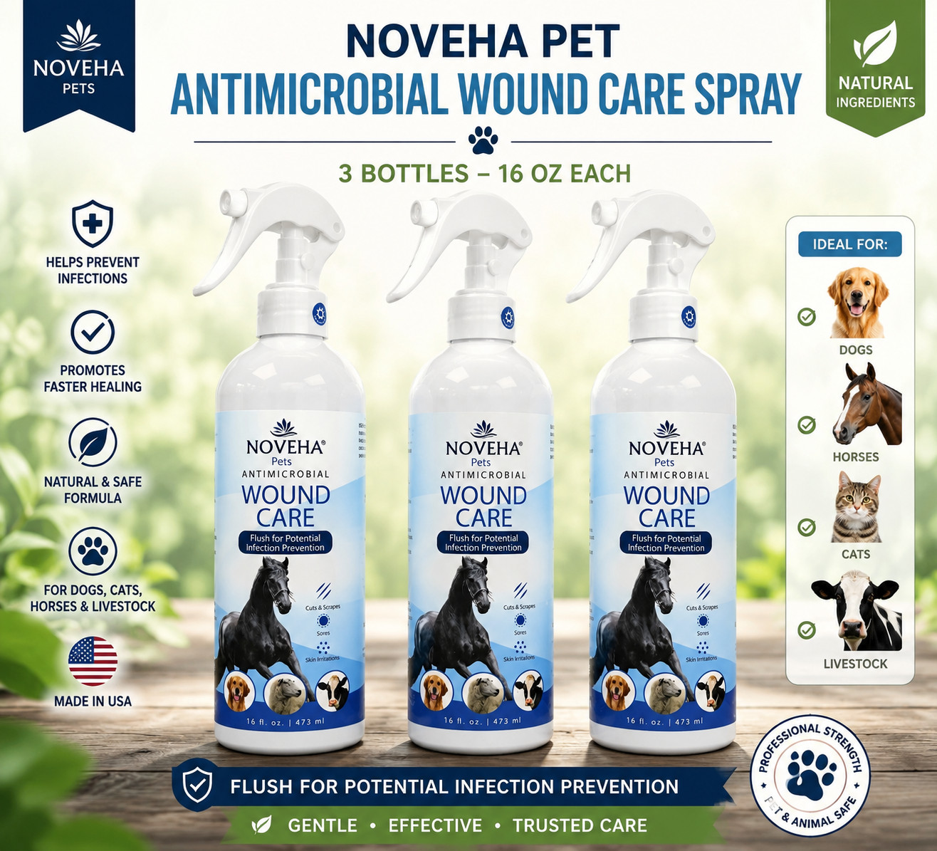 Noveha Antimicrobial Wound Spray 16 oz Hypochlorous Dog Cat Horse HotSpot 3pk