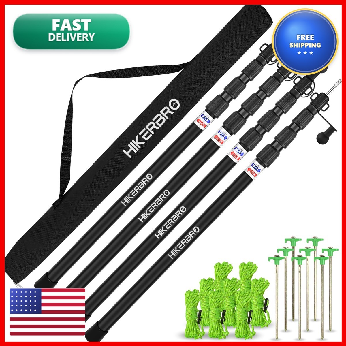 HIKERBRO 4 Pack Adjustable Tarp Poles Telescoping Aluminum Camping Tent Tarp