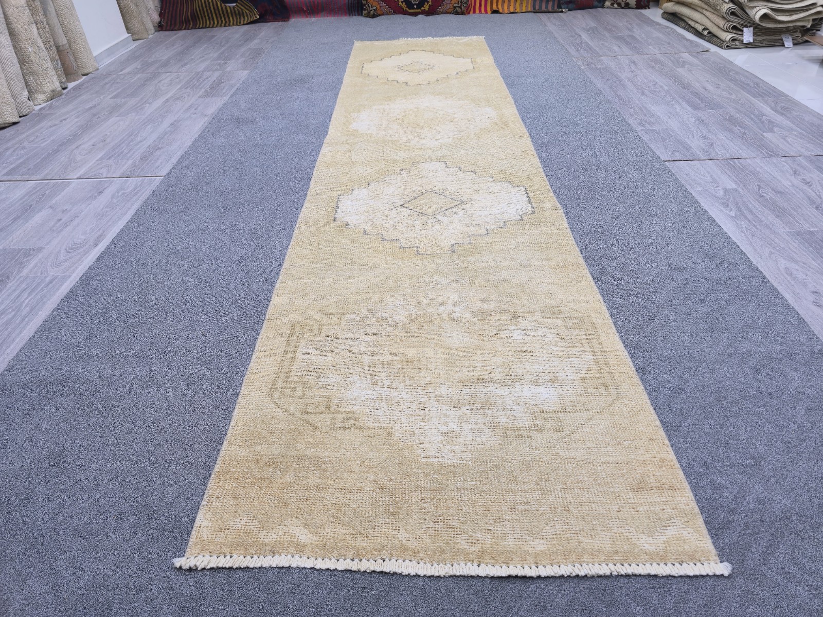 Vintage Neutral Oushak Runner 3x12 Hand Knotted Wool Neutral Cream Grey Long Rug