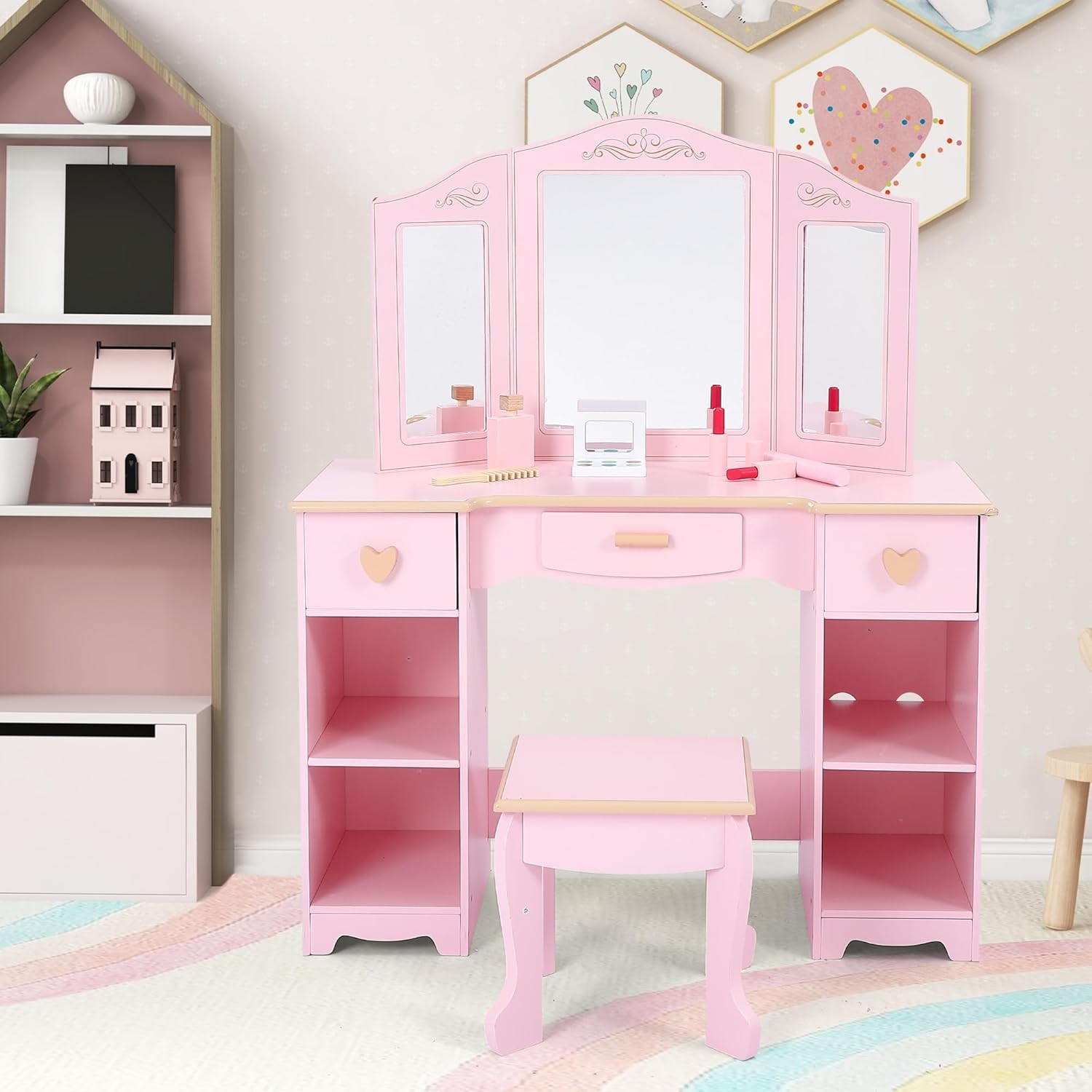 2-in-1 Children\'s Dressing Table Set + Removable Mirror, Princess Dressing Table