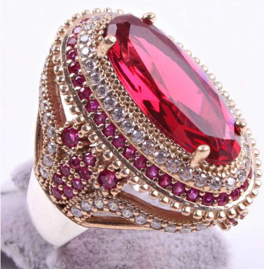 Turkish Handmade 925k Sterling Silver Red Ruby  Women Ring Lab-Created Gift 001