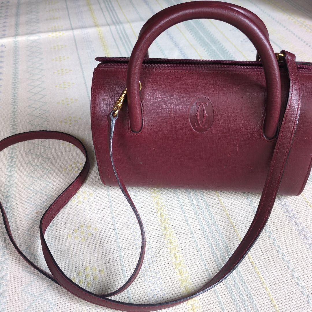 Cartier Authentic Must Line Bordeaux Leather 2Way Boston Shoulder Bag w/ Strap