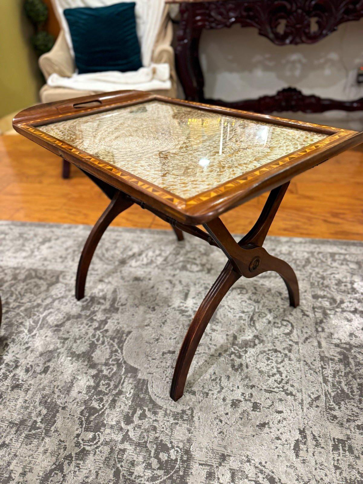 1800’s Chilean Vintage/Antique wood tray Butterfly Wing art design under glass