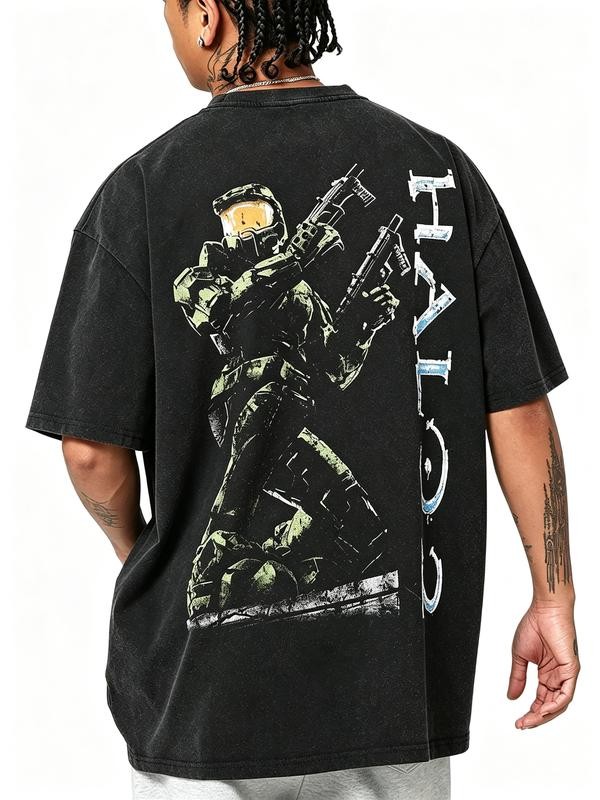 Vintage Washed Halo Master Chief Back Print T-Shirt Oversized Retro Game Graphic Vintage Washed Halo Master Chief Back Print T-Shirt Oversized Retro Game Graphic