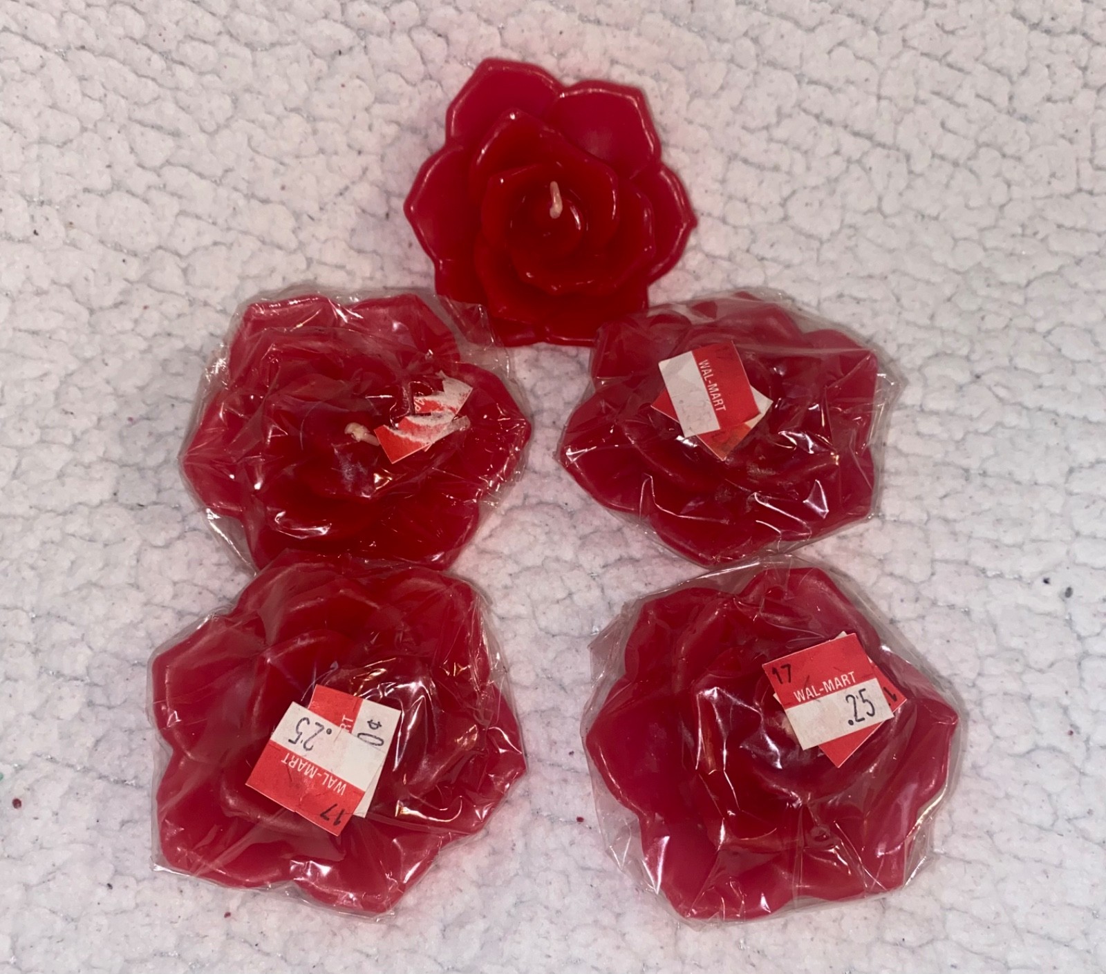 NIP VTG 5 Red Floating Rose Candles Cinnamon Spice NOS WalMart Stickers Rare