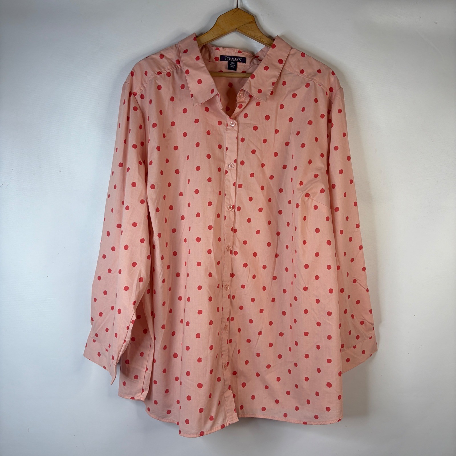 Roaman\'s Button Up Shirt Women 32W Peach Red Polka Dot Long Sleeve Tunic