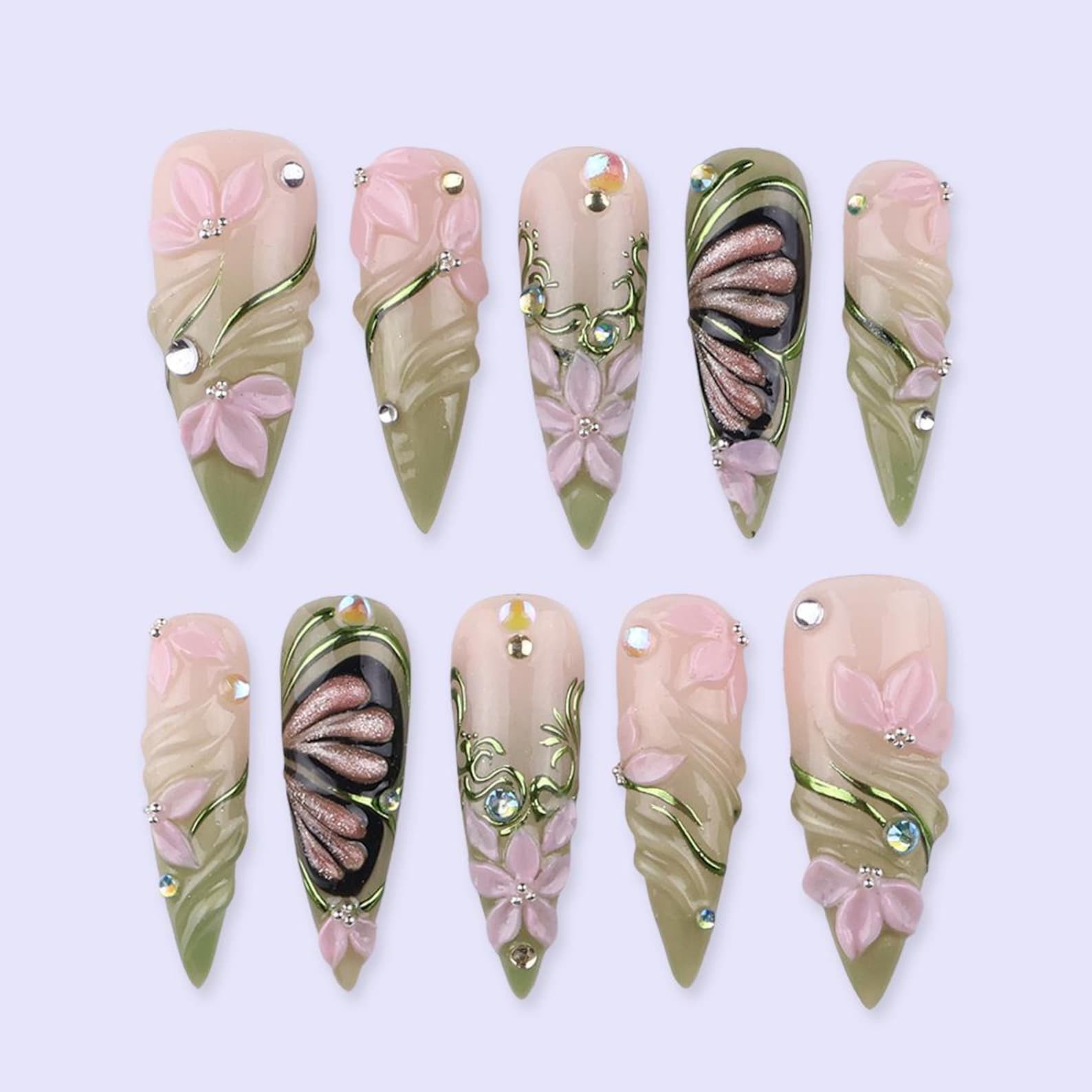 Handmade 3D Pink Floral Butterfly Rhinestone Long Stiletto Press on Nails