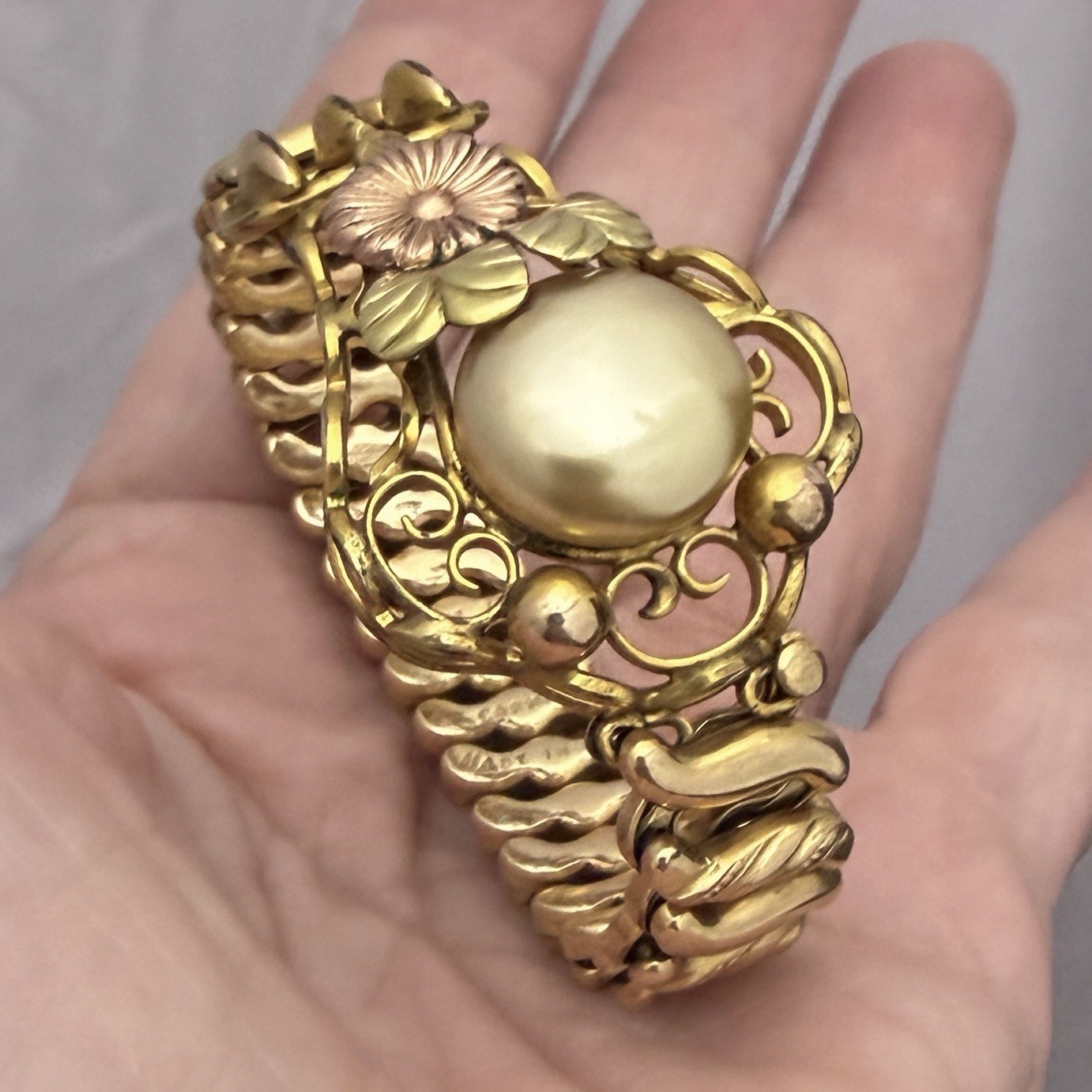 Vintage Carmen Sweetheart Bracelet DFB Co Faux Pearl Rose Gold Filled Expansion Vintage Carmen Sweetheart Bracelet DFB Co Faux Pearl Rose Gold Filled Expansion