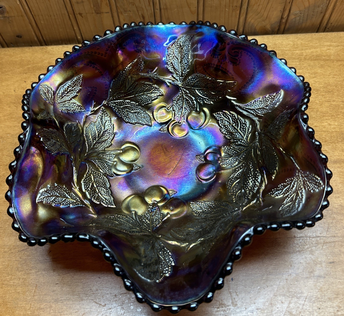 Antique Dugan Cherries Amethyst Carnival glass Bowl purple 9.5” gorgeous Antique Dugan Cherries Amethyst Carnival glass Bowl purple 9.5” gorgeous