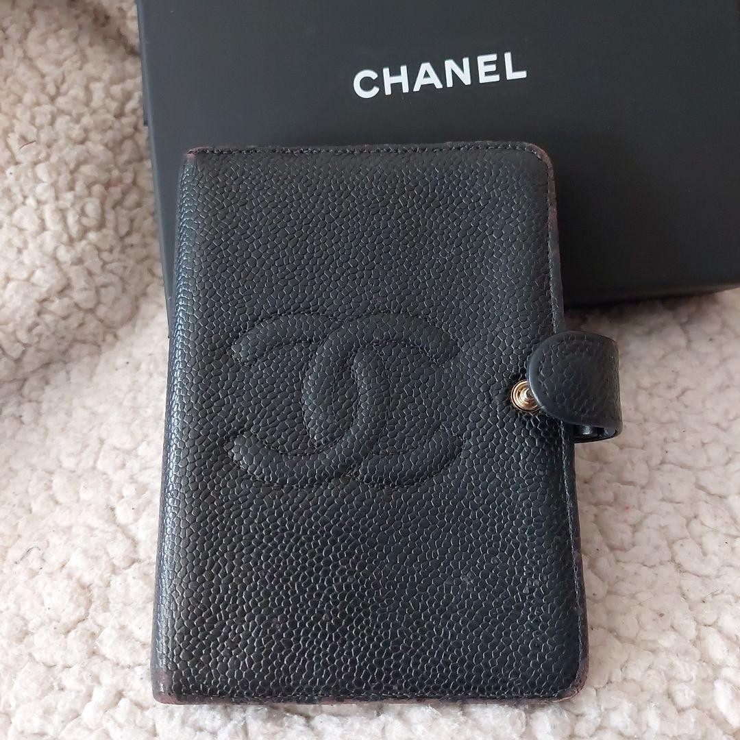 CHANEL CC Logo Caviar Skin Leather Agenda PM Day Planner Cover Black 6 Rings