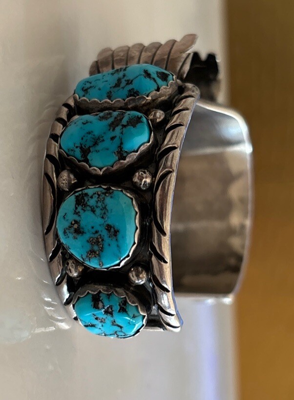 VTG Men’s Navajo Sterling Silver Art Acoya Kingman Turquoise Watch Cuff Bracelet