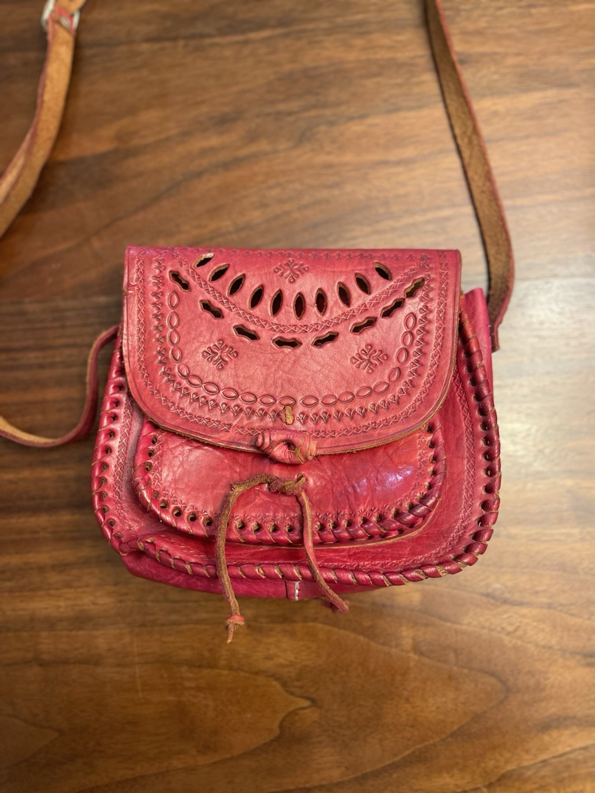 Vintage Handcrafted Pink Tooled Leather Crossbody