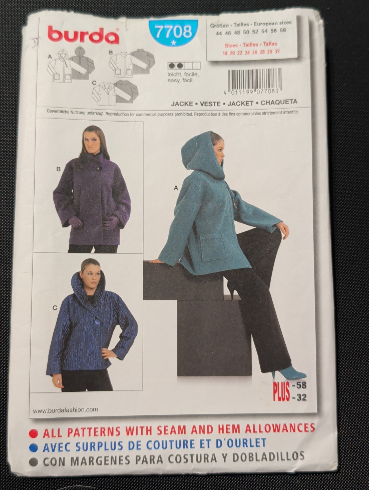 Burda 7708 Jacket Seeing Pattern Sizes 18-32 Burda 7708 Jacket Seeing Pattern Sizes 18-32