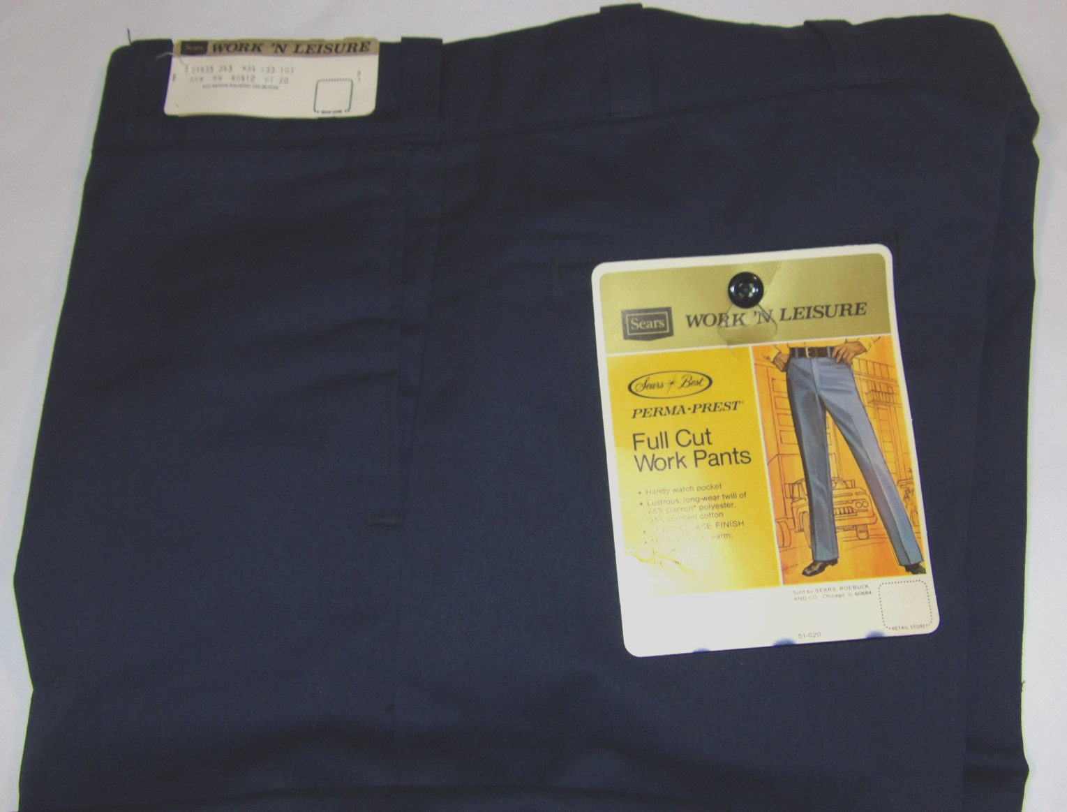 VINTAGE UNUSED 1970s \'SEARS BEST\' FULL CUT WORK PANTS NAVY TALON 42 ZIP 34x30