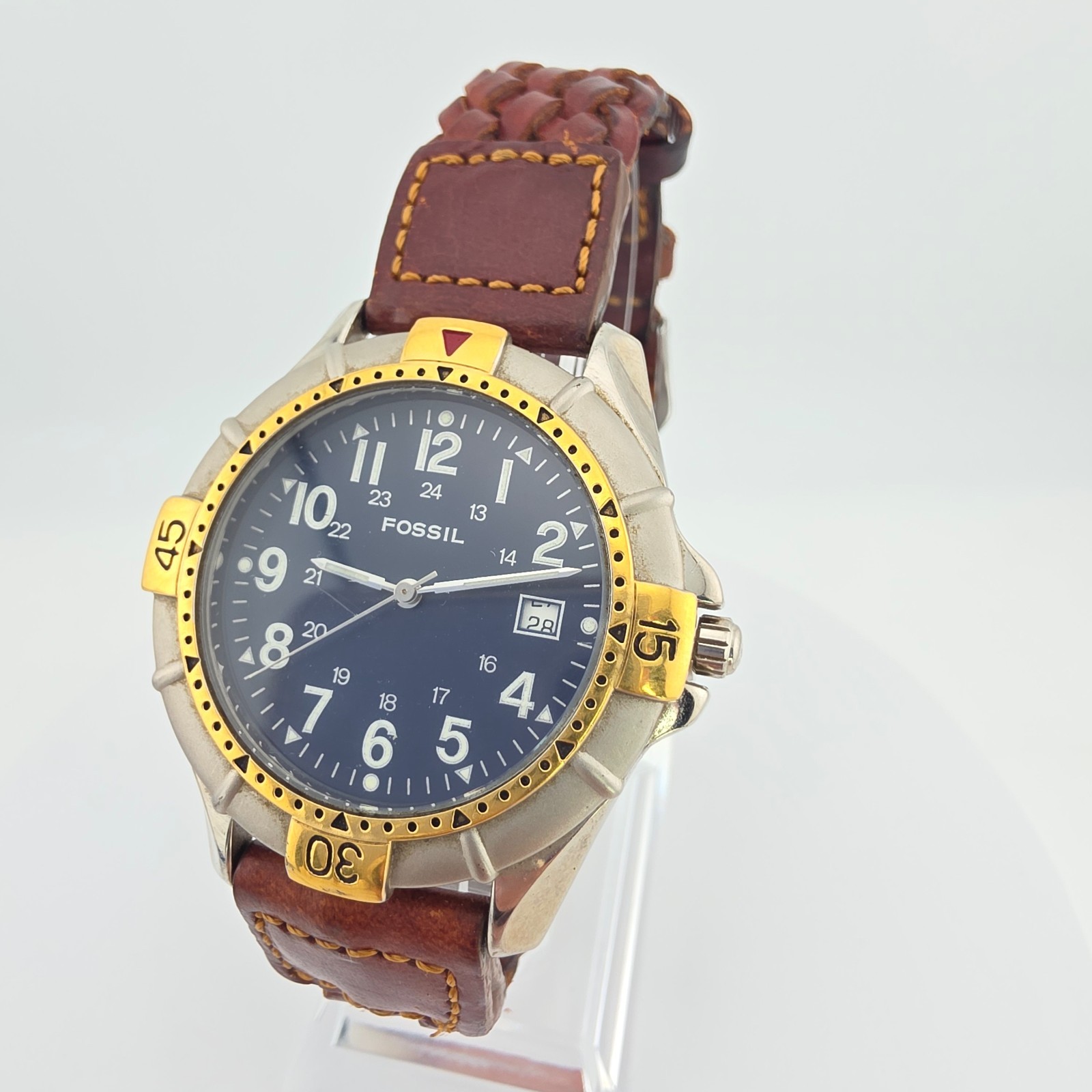 Vtg 1990s FOSSIL Mens Watch Diver Rotating Bezel Brown Leather Gold Plate 8.5\