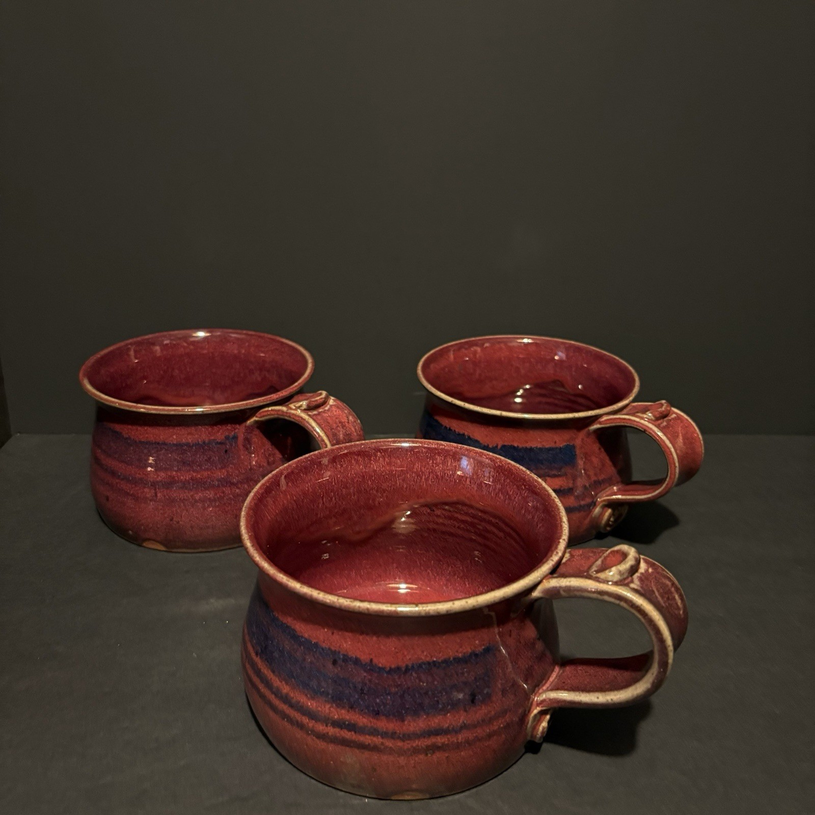 Vtg.  Zappa Studio Pottery Handled Soup Bowls Burgundy Blue Glaze Artist Signed