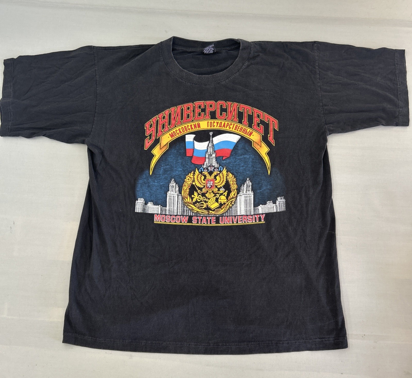 VTG Moscow State University Graphic T Shirt Tex Import XL Black Nice Fade VTG Moscow State University Graphic T Shirt Tex Import XL Black Nice Fade