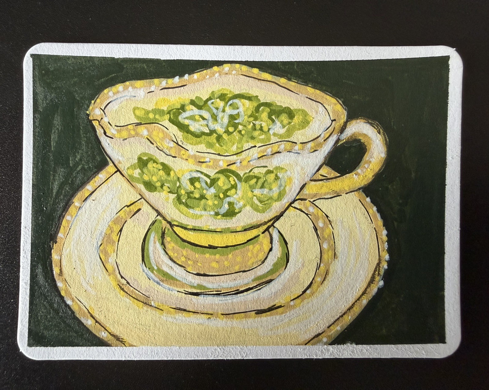 ACEO Original OOAK EmeraldTea Cup 2.5x3.5 On Paper By Amy A (Roguish ArtLab)