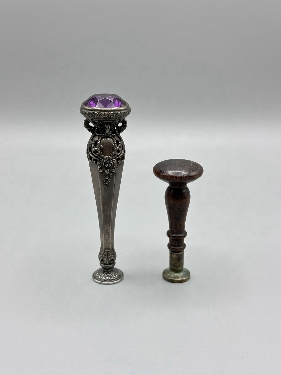 Vintage Antique Wax Seal Stamp Set Purple Glass Crystal Brass Turned Wood