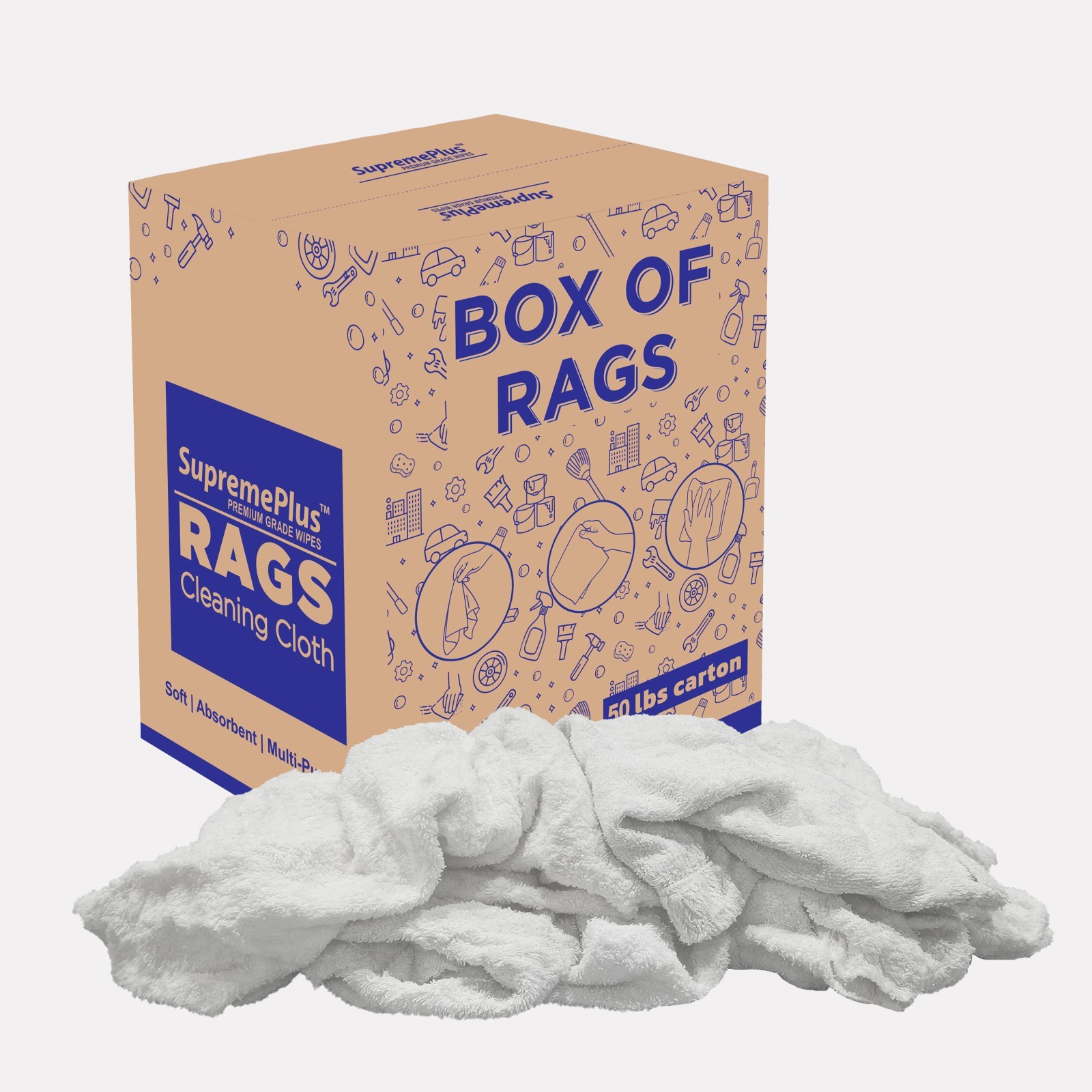 White Terry Towels, Absorbent Cotton Shop Rags - 50 LB. Box - Bulk Wiping Towels
