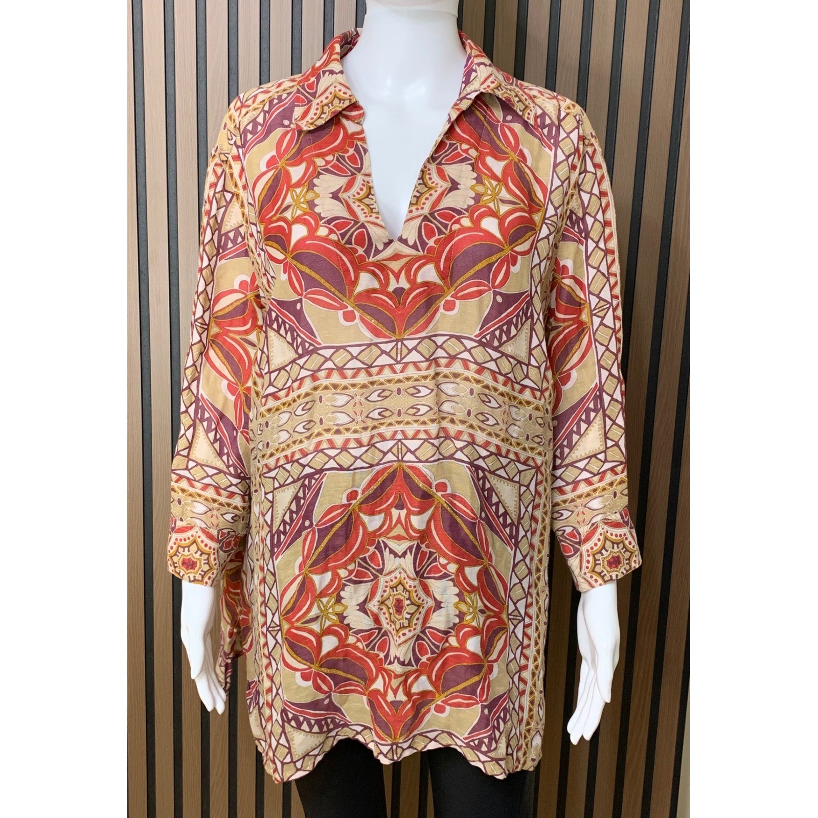 Talbots Women\'s Silk Blend Geometric Mandala Print Tunic Blouse Red Purple 18W