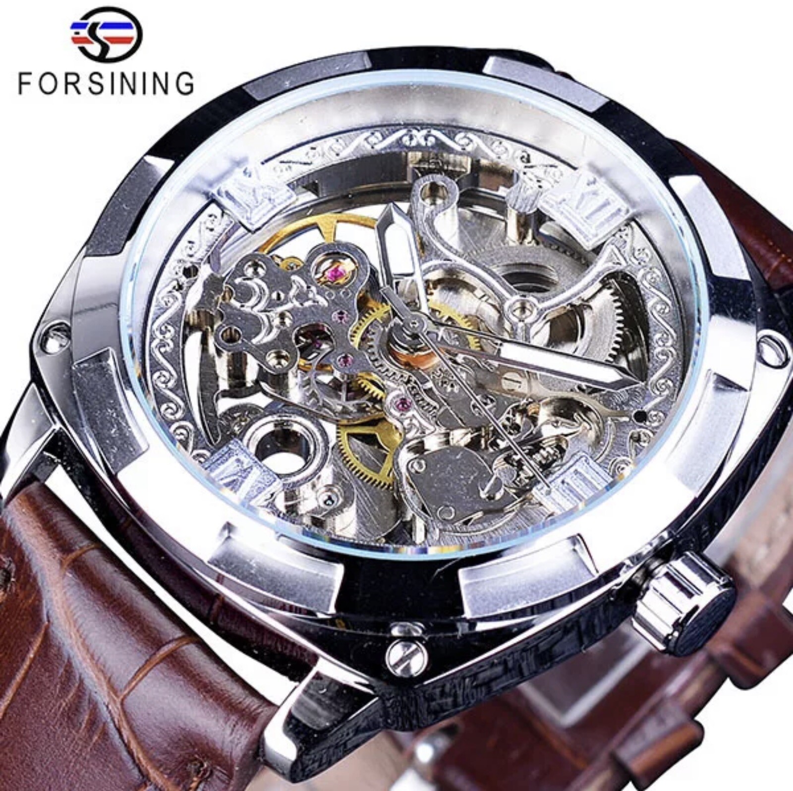 Forsining Mens Skeleton Mechanical Waterproof Luxury Watch Leather Gift Idea
