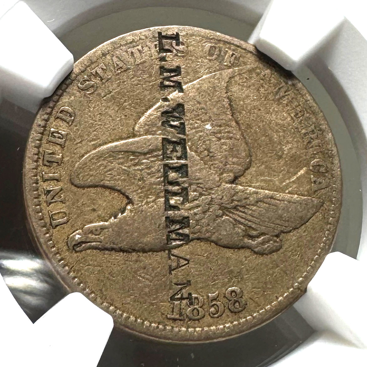 1858-LL Flying Eagle Cent NGC F12 Brunk-W-374 Counterstamp - L.M. Wellman 1858-LL Flying Eagle Cent NGC F12 Brunk-W-374 Counterstamp - L.M. Wellman