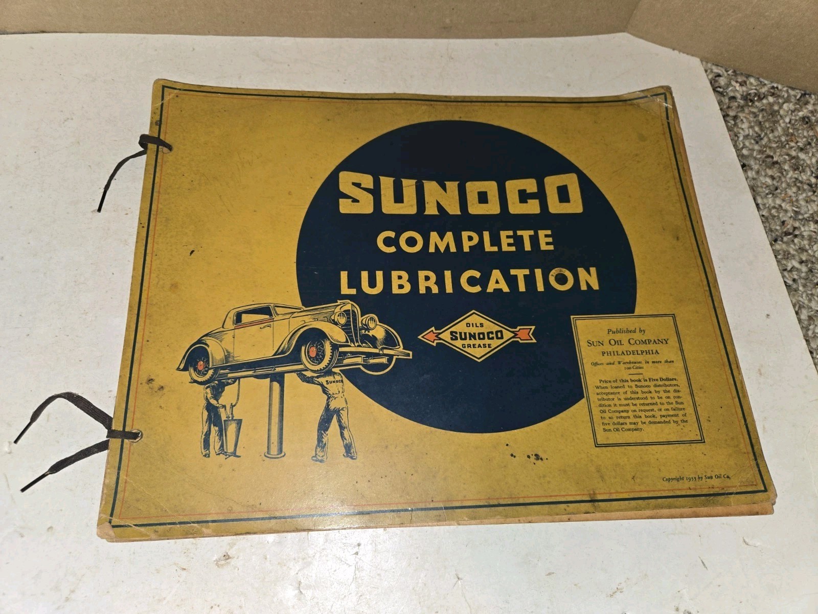Vintage 1933 Retail Auto Store Display Sunoco Complete Lubrication Chart Book