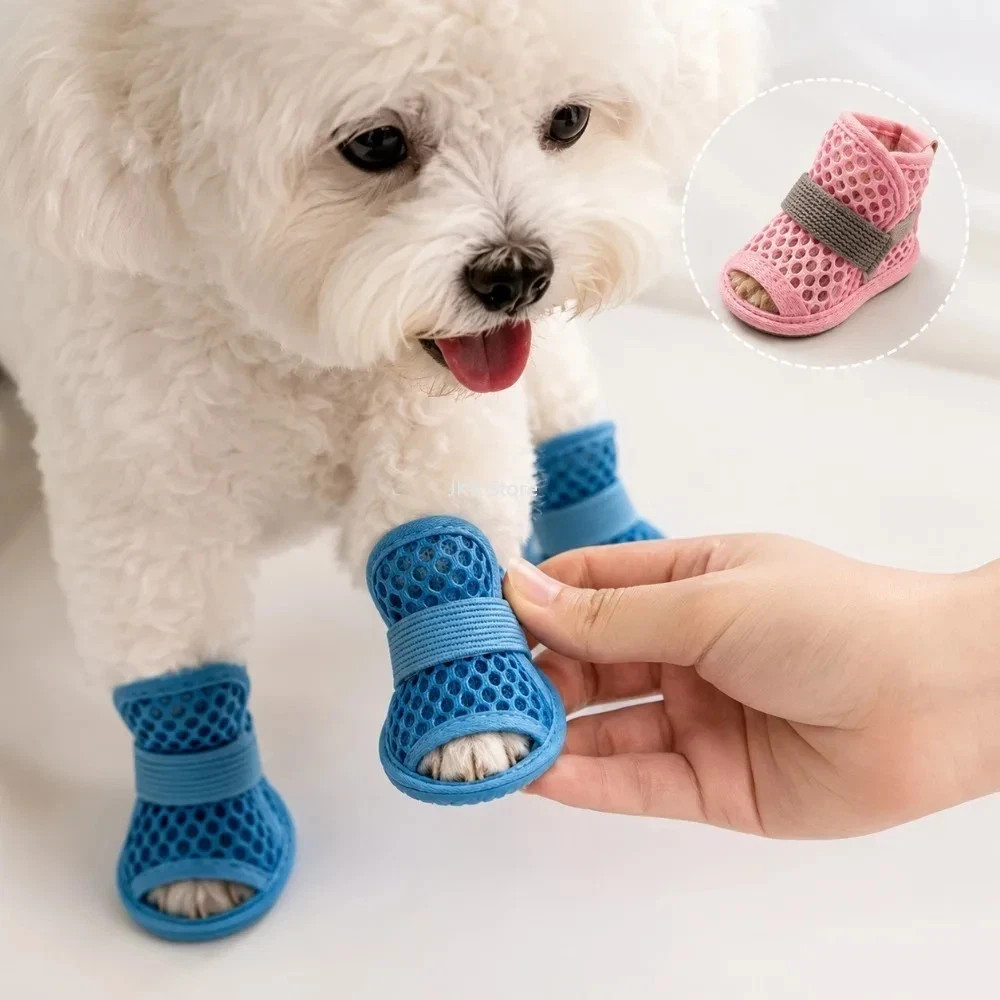 4Pcs Cute Mesh Dog Shoes Non-slip Elastic Strap Cooling Dog Boots Soft-sole usa 4Pcs Cute Mesh Dog Shoes Non-slip Elastic Strap Cooling Dog Boots Soft-sole usa