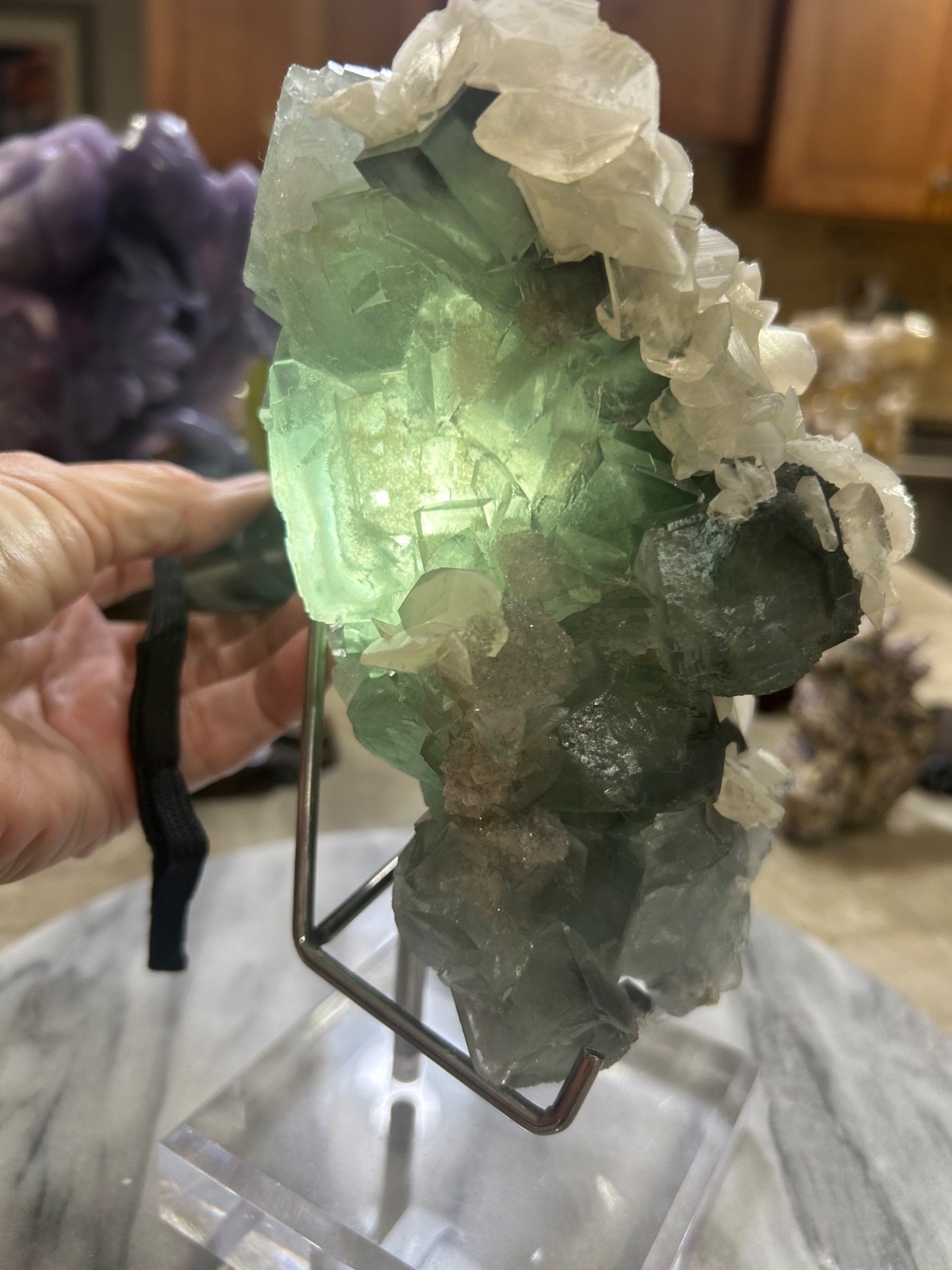 Natural green Flourite and calcite Freeform UV reactive on custom acrylic stand